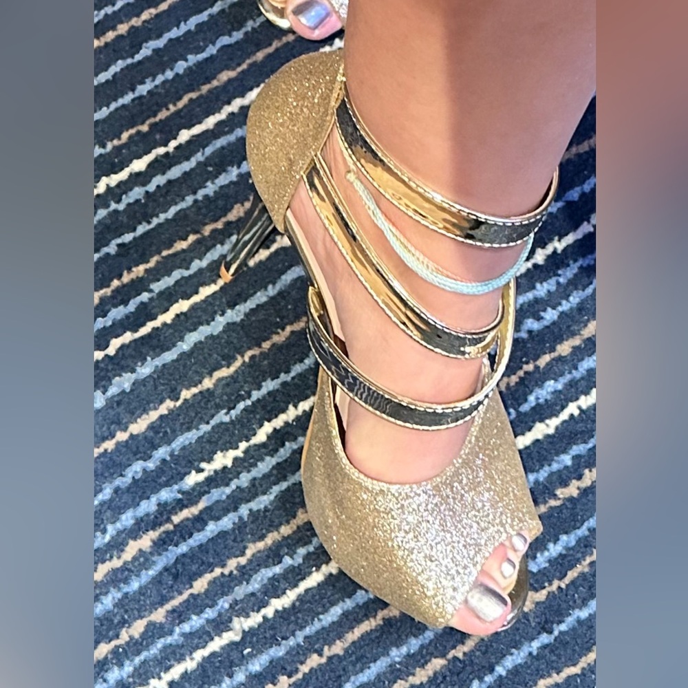 Glitter GOLD Metallic Peep Toe Platform Stiletto Heels size EUR 36 / US 6